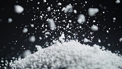 White powder explosion on black surface.  Close-up view of  particles erupting