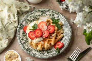 Homemade belgian waffles with strawberries, whipped cream and honey. Served on a rustic plate with spring flowers