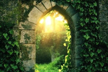 Sunlit archway in mossy stone wall, overgrown with ivy, reveals a hidden, serene garden.