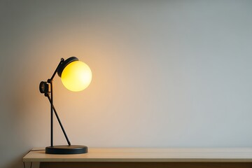 A modern black table lamp with a yellow light bulb illuminates an empty room