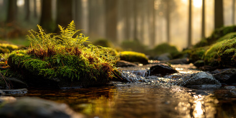 Fototapeta premium Green moss and fern illuminated by sunlight near a forest stream, representing nature's tranquility and serenity