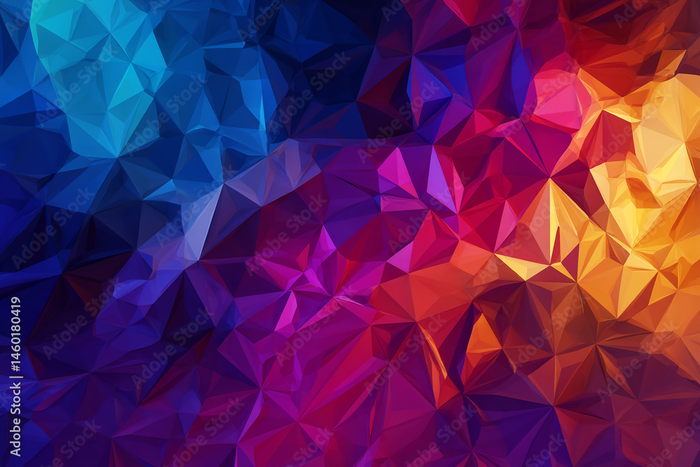 Poster Abstract polygonal background with vibrant blue, purple, and orange hues creating a dynamic and energetic visual texture, suitable for design projects needing a modern and bold aesthetic