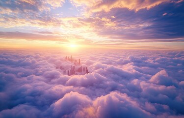 Aerial view of a beautiful sunset above the clouds.