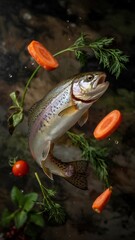 Realistic rainbow trout leaping with vegetables over dark muddy pool