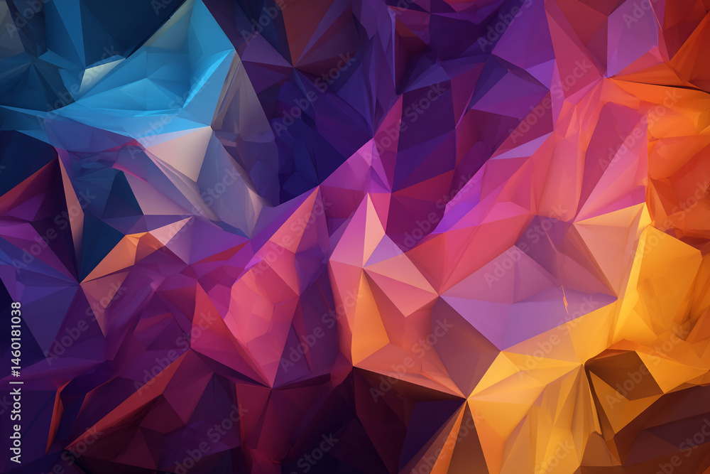 Poster abstract background of multifaceted polygons in shades of blue, purple, orange, and red creating a d