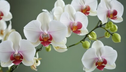 Phalaenopsis blossom close-up, immaculate petals, vibrant green stem, pristine background,  isolated,  tropical,  petals