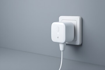 A white smart home device plugged into a wall outlet