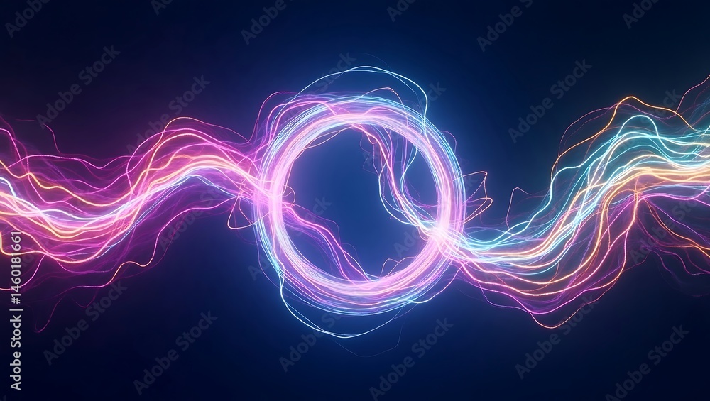 Poster abstract blue and black backdrop with glowing neon lines creates a dynamic, fractal wave effect with