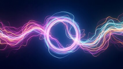 Abstract blue and black backdrop with glowing neon lines creates a dynamic, fractal wave effect with light and smoke motion