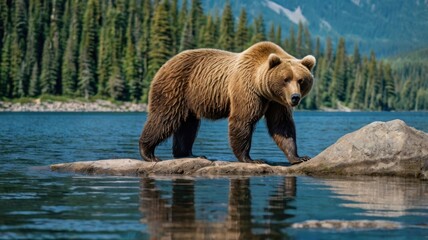 Obraz premium Grizzly bear by a serene lake