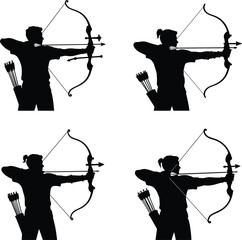 Set of Archer Silhouette Drawing Bow with Arrow Aimed – Full Body Side View Vector on White Background