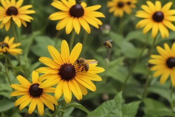 Obraz premium A honeybee in flight above a vibrant black-eyed susan , beautiful, flower