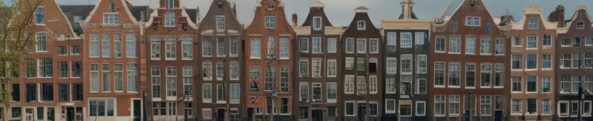 Fototapeta premium Amsterdam canal houses, classic Dutch gabled roofs, picturesque architecture, waterway, city