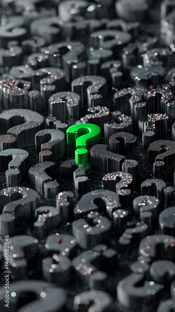 Poster green question mark stands out among many dark grey question marks, suggesting unique solution or di