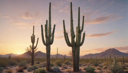 Ancient saguaro cactus, towering over the desert floor, rock, thorns