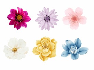 Collection of colorful flowers isolated on white background for graphic fabric design.