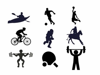 vector silhouettes of football, basket, rugby, swimming, table, cyclist icon isolated on white background.