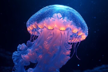 Obraz premium A stunning jellyfish floats gracefully in deep blue water, its tentacles trailing behind. The creature radiates a spectrum of colors, adding to the ethereal underwater ambiance.
