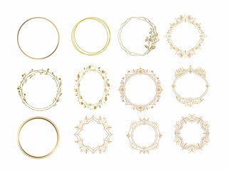 set of golden floral circle frames isolated on white background. circle frame set on white background.