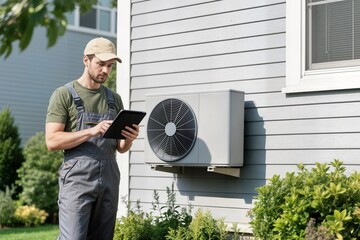 technician using a tablet to inspect an outdoor heat pump unit on a sunny day concept técnico utilizando una tableta para inspeccionar una unidad exterior de bomba de calor en un día soleado concepto