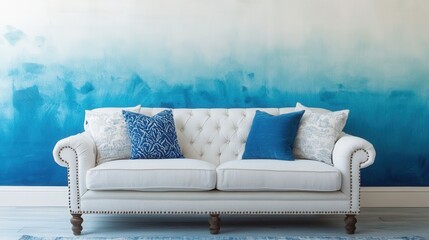Stylish white sofa against a teal painted wall.