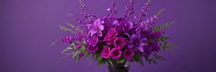 A vibrant purple floral arrangement against a matching backdrop , blooms, flower photography, still life