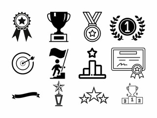 Collection of certificate, badge, goal, cup, flag badge, trophy icon isolated on white background.