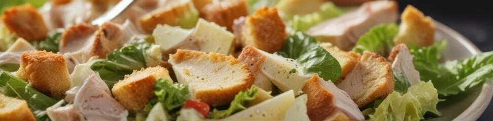 Crispy croutons & shaved parmesan atop smoked chicken Caesar salad ,  fresh,  appetizer,  high quality