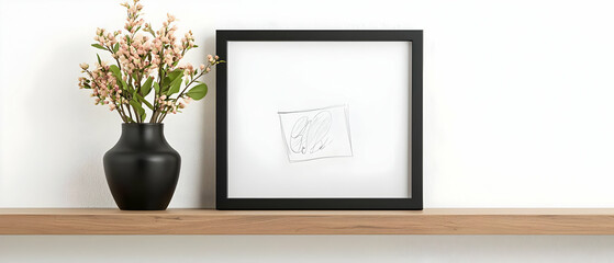 Simple Decor With Pink Flowers In Black Vase On Wooden Shelf