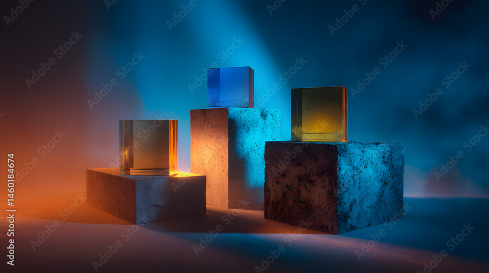 Poster abstract concrete platforms with translucent blocks and moody lighting