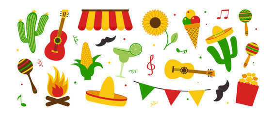 Festa Junina Brazilian party, Latin june carnival icon, music summer festive. Tradition farm symbol. Sunflower, straw hat, popcorn, ice cream, note, mustache isolated on white bg. Vector illustration