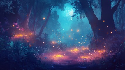 Magical nocturnal forest path illuminated by bioluminescent flora.
