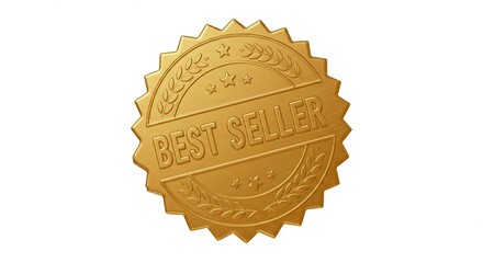 A golden best seller badge with stars and leaves on a white background for product promotion and marketing