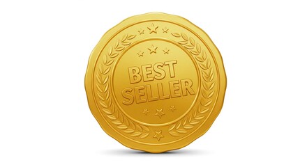 A golden best seller seal with stars and laurel wreath on a white background in a studio shot