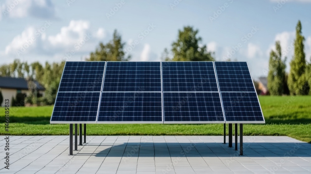 Aufkleber solar panel array on green grass with clear blue sky in background