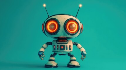 Retro Robot Character, Vintage 3D Render, Cute, Friendly, Teal Background