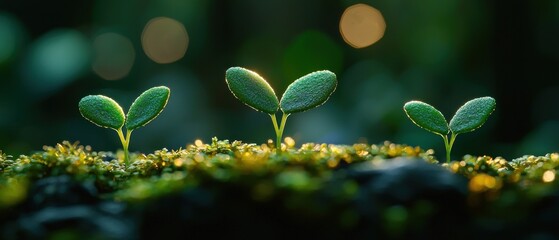 Three young sprouts emerge from mossy ground, bathed in soft sunlight.  New life, growth, and nature's renewal are depicted