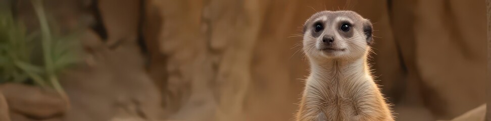 Fototapeta premium Alert meerkat standing upright in zoo enclosure, nature, suricate