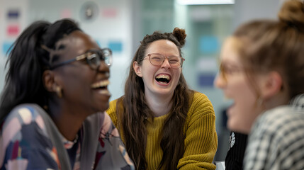 Three women laughing together in an office setting with bright light and a blurred background visible