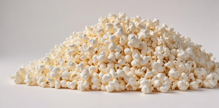 A mound of fluffy popcorn against a pure white backdrop , light, airy, kernel