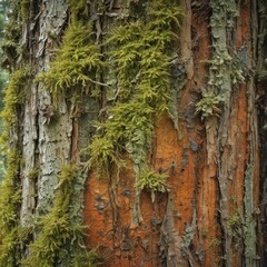 Ancient moss-covered tree trunk, weathered bark, lichen , wild, macro, weathered