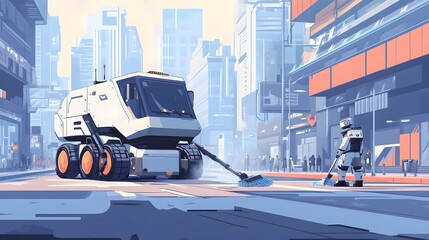Futuristic cleaning vehicle in a city street scene.