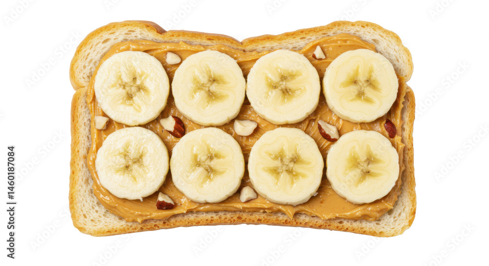 Poster a peanut butter toast topped with sliced bananas arranged in a rectangular pattern on a white backgr
