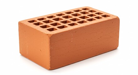 Close Up Of A Single Red Brick With Multiple Holes On White Background Displaying Texture And Warm Color