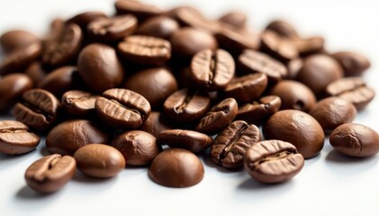 Naklejka premium Close-up of dark roasted coffee beans on white , seed, cafe