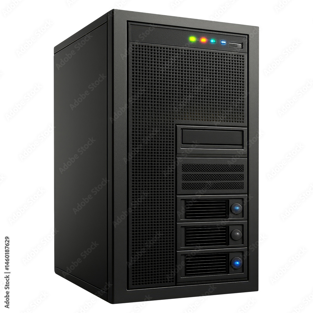 Poster powerful black computer server tower with led indicators for data center or network