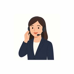 ヘッドセットで笑顔の女性カスタマーサポート（白背景・フラットイラスト）