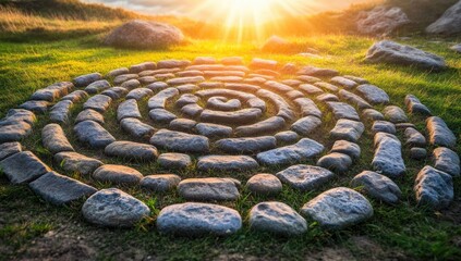 Spiral stone path on grassy hillside at sunset