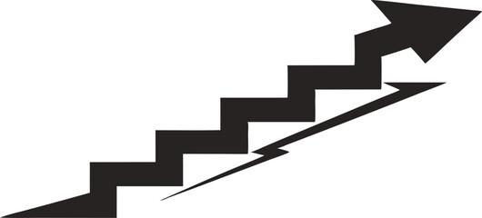 Fototapeta premium A black arrow pointing upwards superimposed on a staircase, suggesting movement or progress.