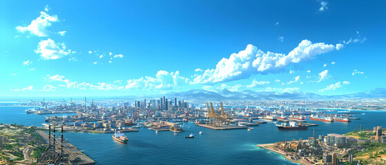 Naklejka premium Panoramic View Of A Port City On A Sunny Day